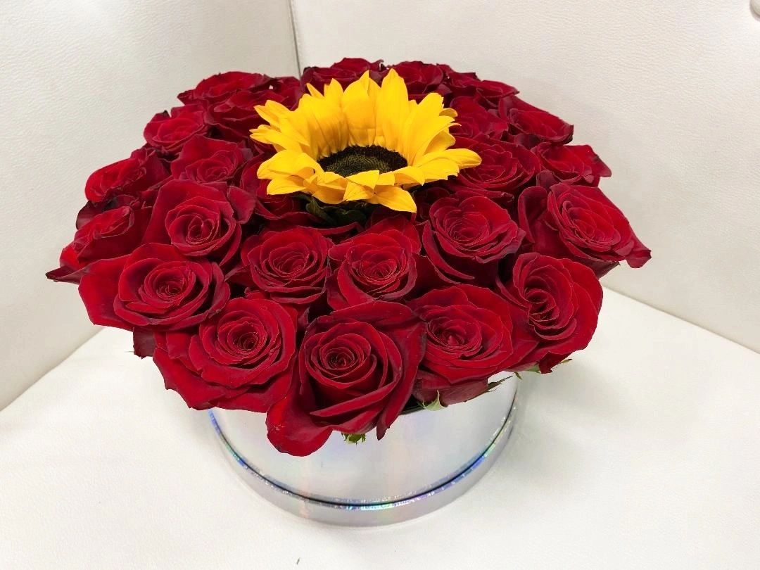 Box of roses and sunflowers (same day deliver)